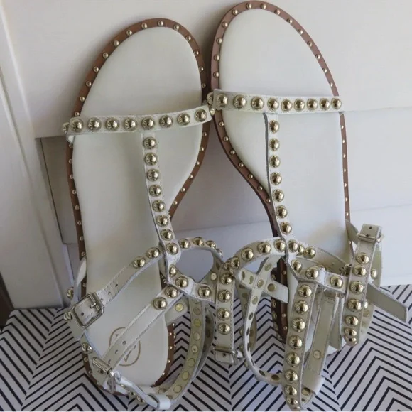 ASH Play Studded Leather White Sandals Gladiator Flats  Size 41 Women's 10.5 - Picture 5 of 6
